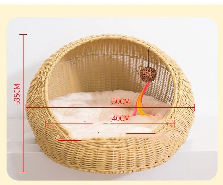 Hand-woven gourd grass cat nest in apricot colour with plastic frame, top view