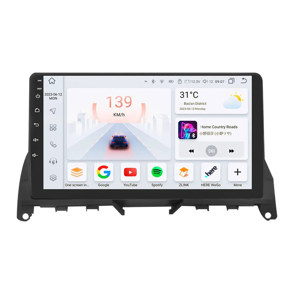 Mercedes C-Class W204 S204 9-inch car navigation system with GPS and Apple CarPlay on dashboard display