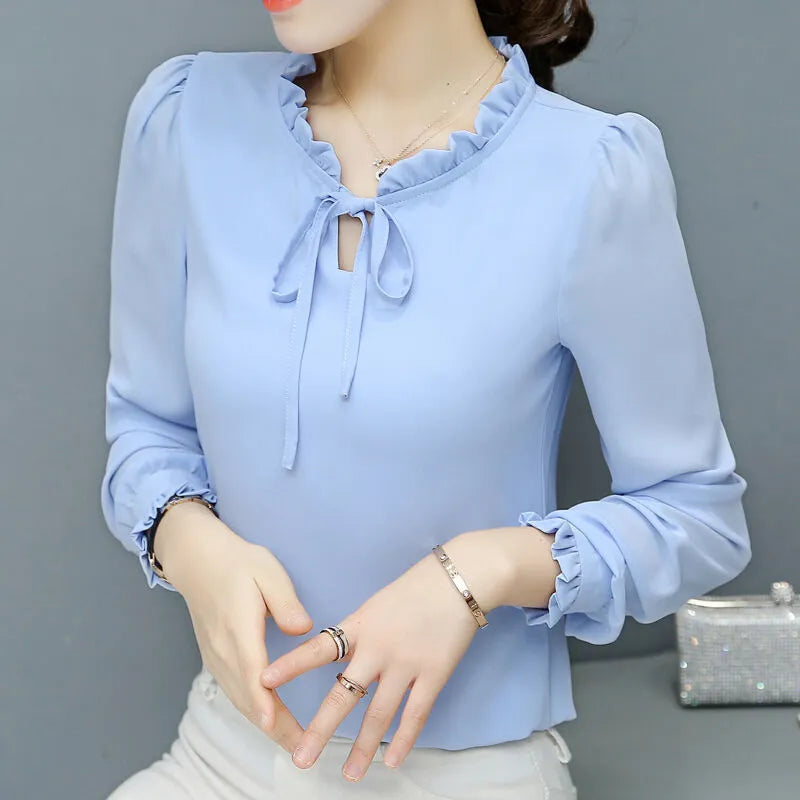 Loose plus size women's bow chiffon shirt in rose red – long sleeve pullover blouse