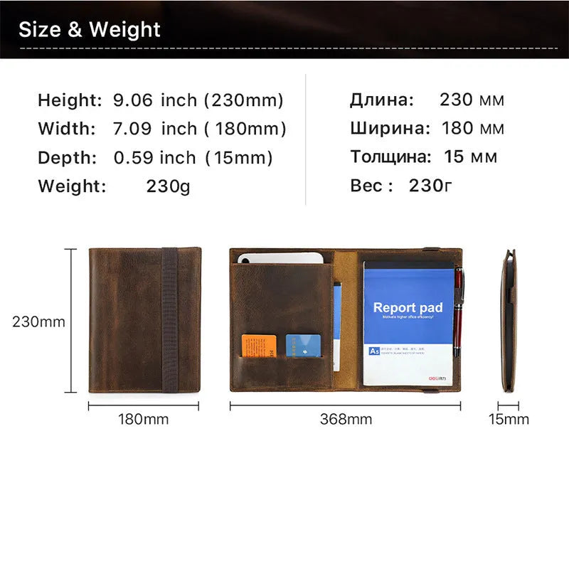 Brown Crazy Horse leather A5 notebook protective sleeve with square shape