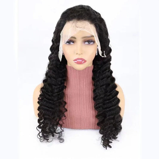 Deep wave lace front human hair wig with 13x4 inch lace area and hand woven construction in multiple lengths