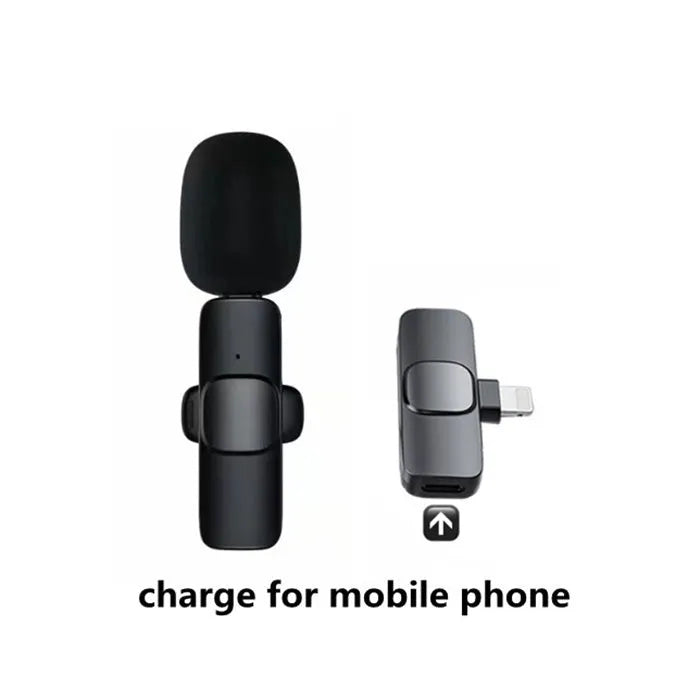 Wireless lavalier microphone with receiver, USB cable, and manual on white background
