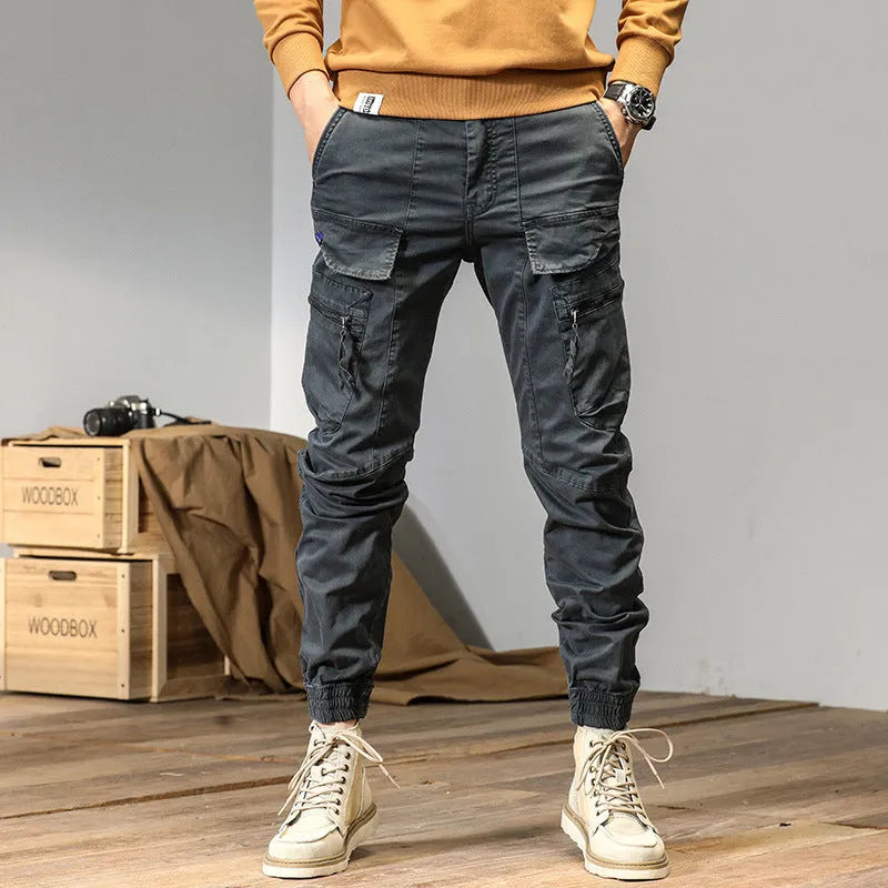 Japanese style cotton overalls for men, mid-waist straight leg, Army Green colour