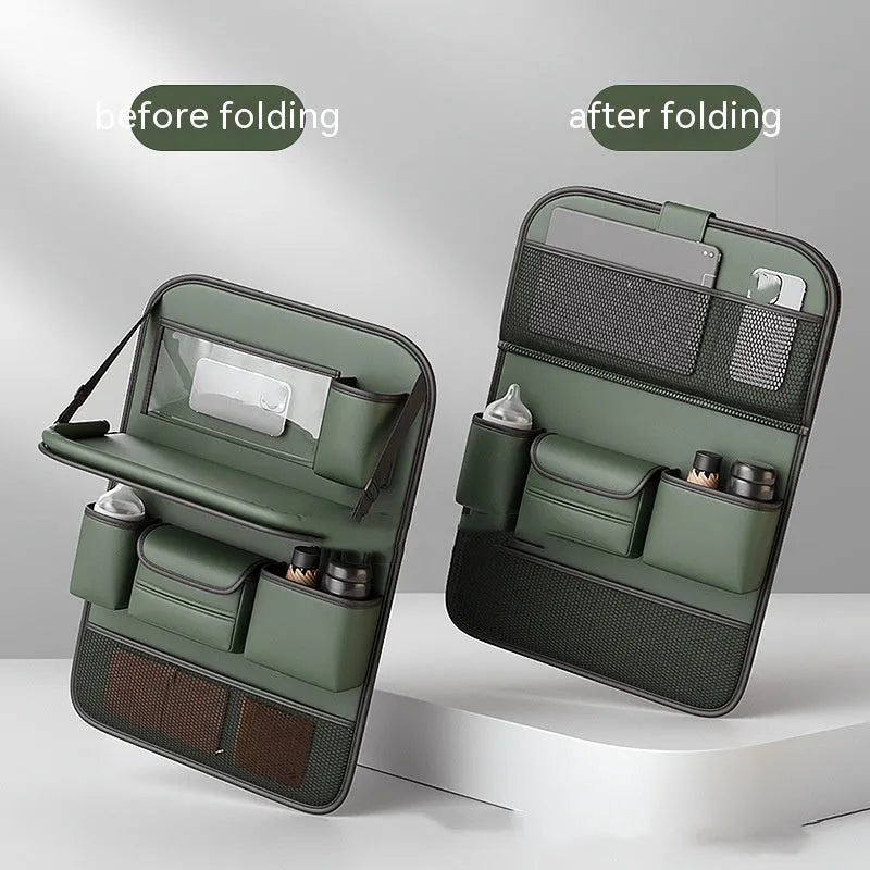 Waterproof leather car seat lazyback storage bag with foldable dining table, shown in black.