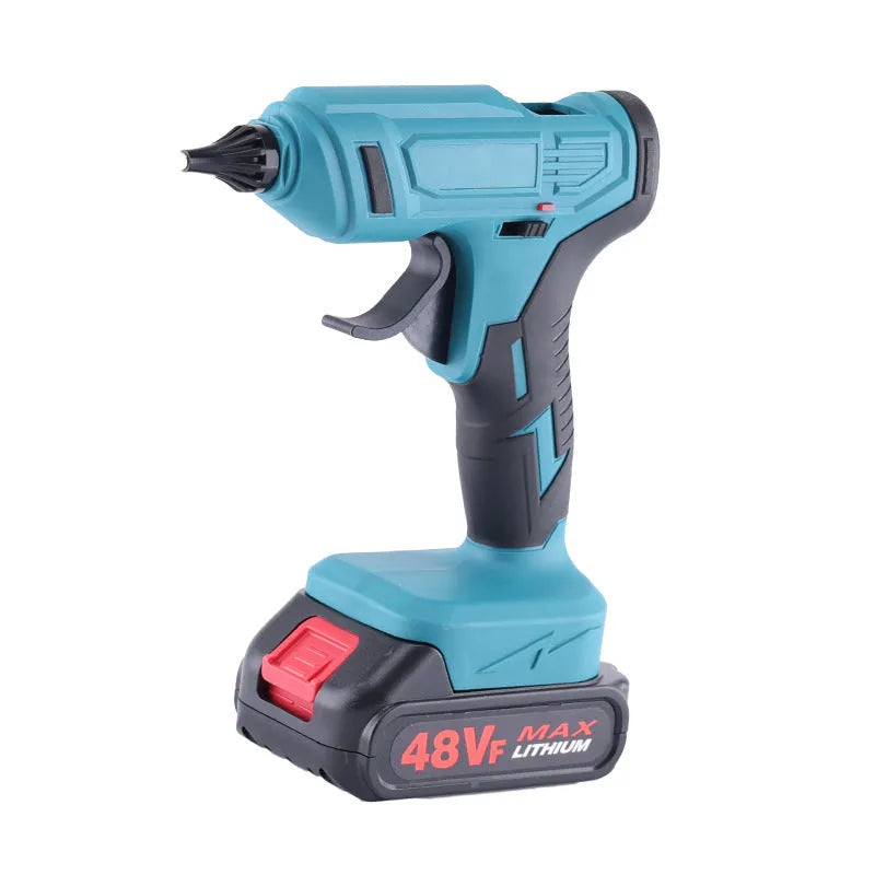 Rechargeable hot melt glue gun with 21V batteries, charger, and 11mm adhesive sticks for cord-free applications