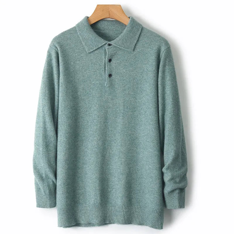 Men's grey woolen pullover sweater with a polo collar, shown on a hanger.
