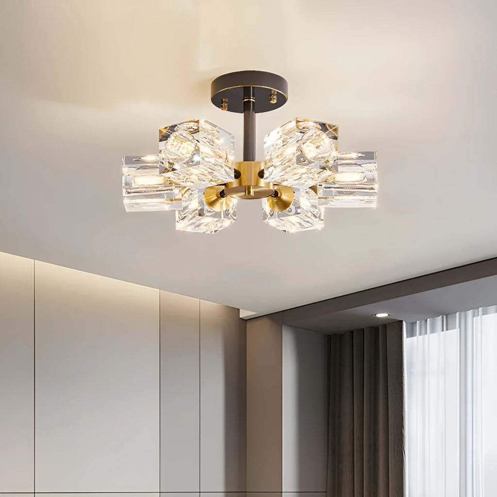 Copper crystal ceiling lamp 6 head with black gold wipe finish and three colour variable light for home