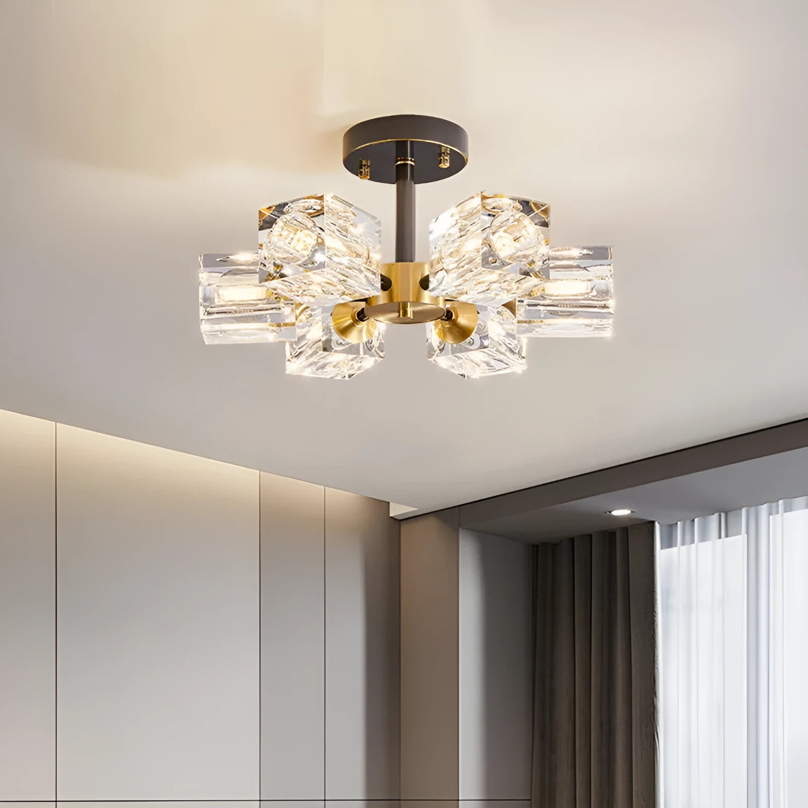 Copper crystal ceiling lamp 6 head with black gold wipe finish and three colour variable light for home