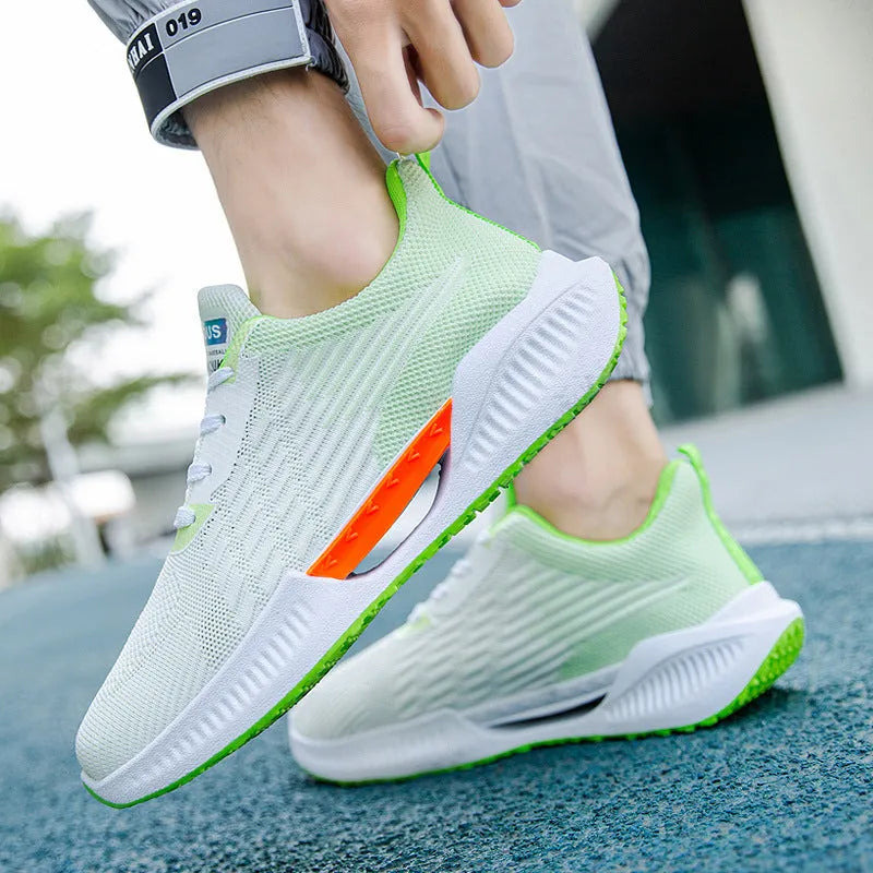 Blue men's casual mesh sports shoes with a round toe and plastic sole, shown on a white background.