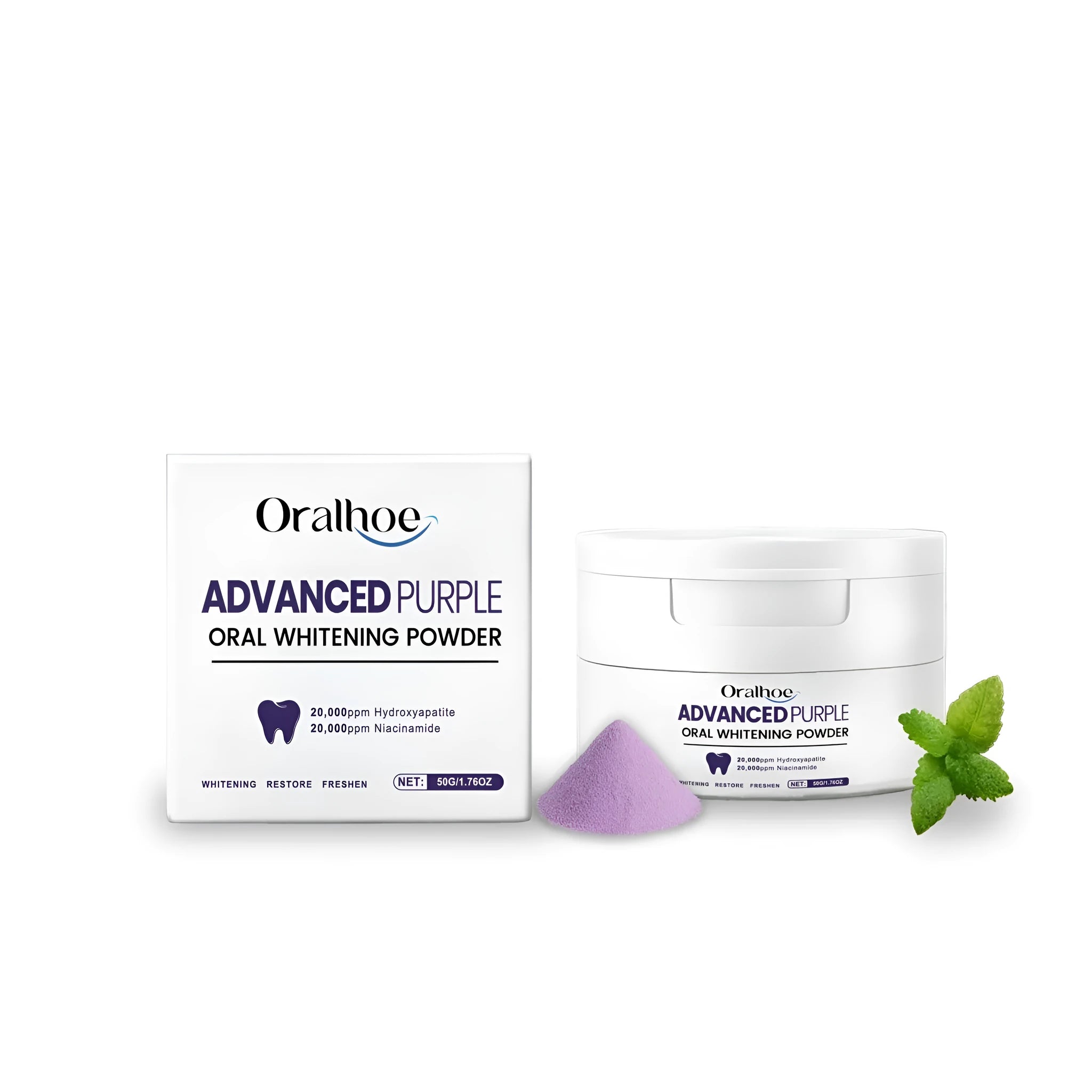 50g tooth powder with hydroxyapatite and natural mint leaves in container