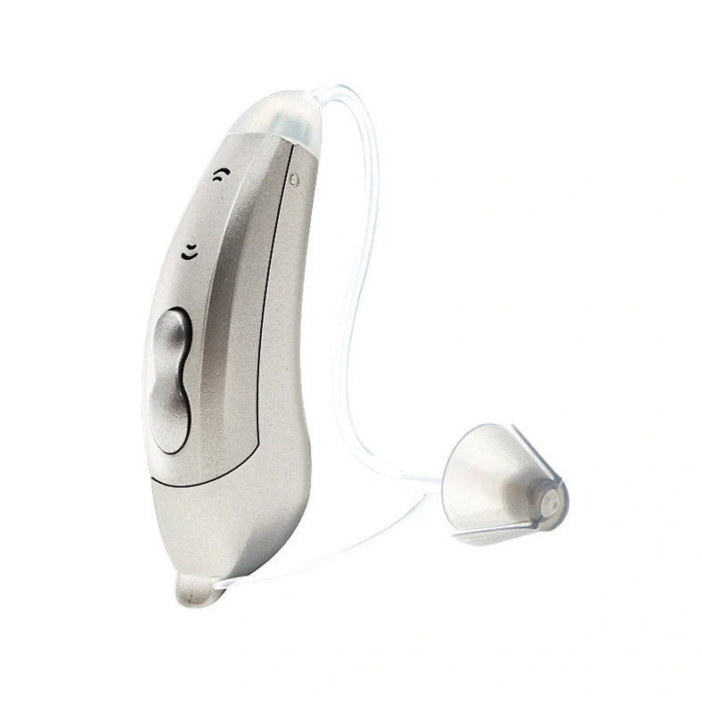 Digital sound amplifier with stealth ear back design in champagne, pearl grey, and graphite grey colour options