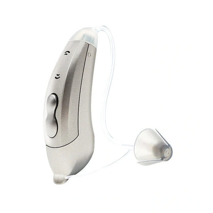 Digital sound amplifier with stealth ear back design in champagne, pearl grey, and graphite grey colour options