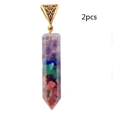 Seven chakra natural crushed stone hexagon column necklace with aura pendant in gold color