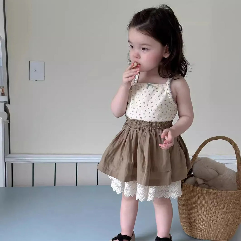 Summer baby cotton skirt suit set in Korean style with floral camisole and brown skirt, available in sizes 73-100cm height