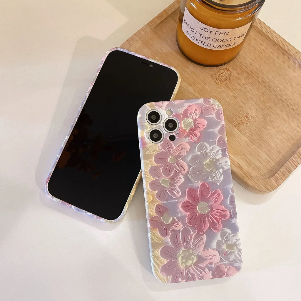 Silicone phone case with oil painting pink flower design for iPhone models, rear cover type