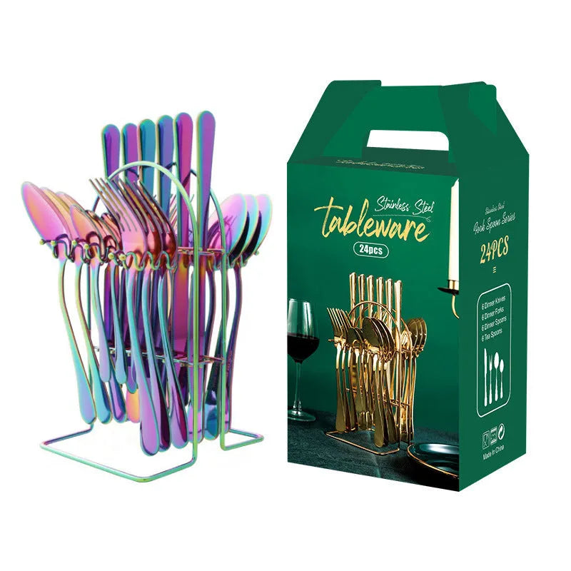 24-piece stainless steel cutlery set with storage rack in gold finish showing knives, forks, spoons
