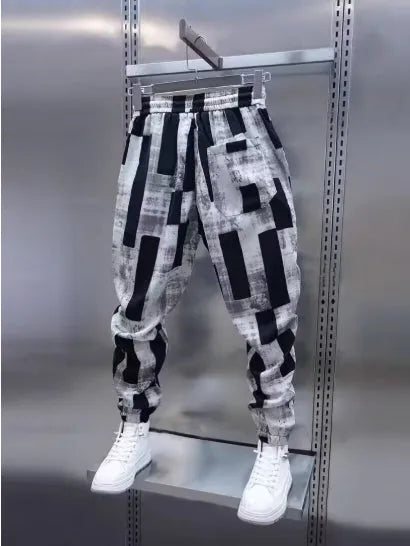 Men loose casual trousers, black and white, cotton blend Ice Silk, high waist drawstring, straight leg ankle strap, sizes M to 3XL