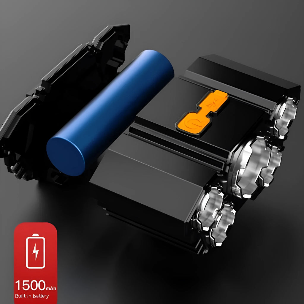 Head-mounted LED miner's lamp with 10W light, adjustable strap, and charging cable on a light-colour background.