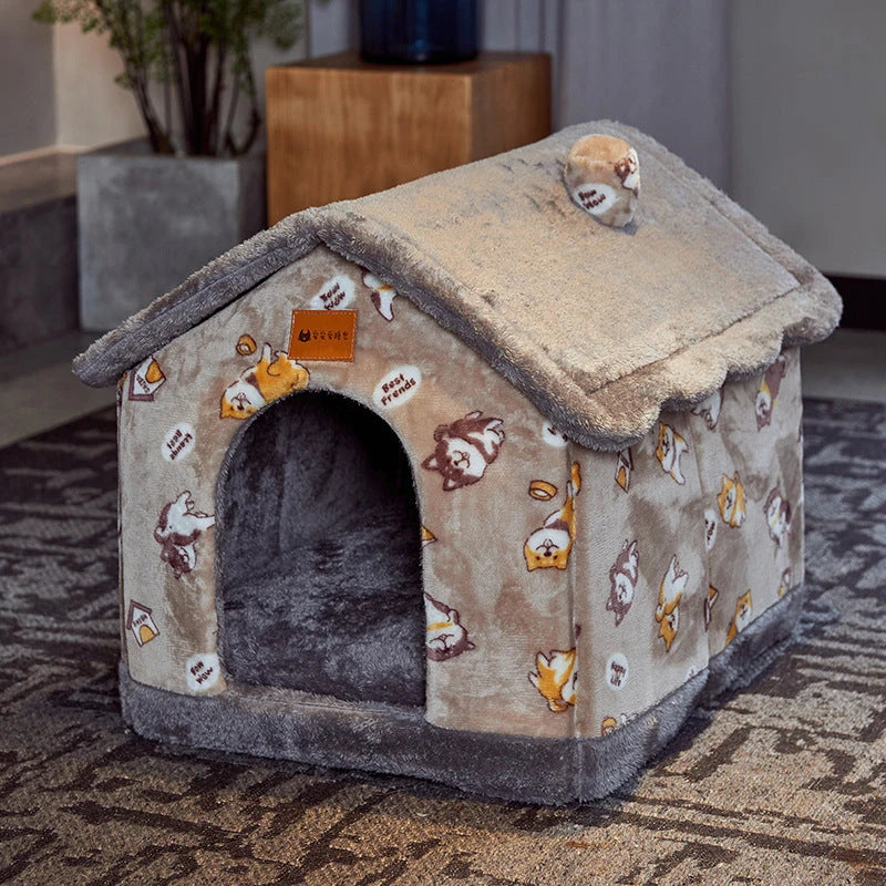 Cozy Pet Cave: Foldable plush dog house with warm removable cushion in various color options