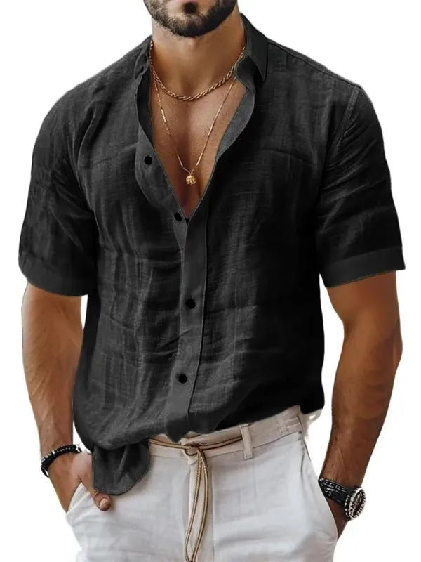 Men's solid colour short sleeve lapel shirt in a cotton linen blend fabric on a hanger.