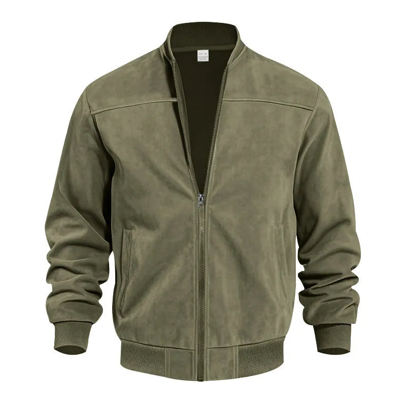 Men's plus size casual suede jacket in Army Green colour with a zipper front.