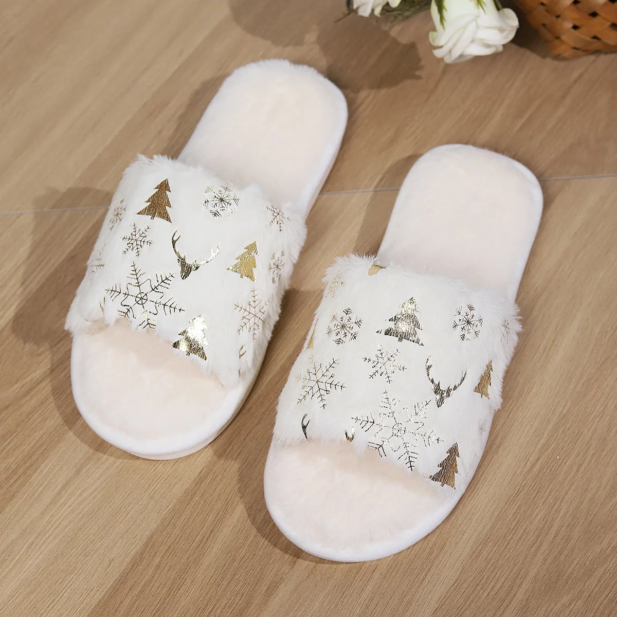 Christmas plush slippers with open-toe design and festive motifs