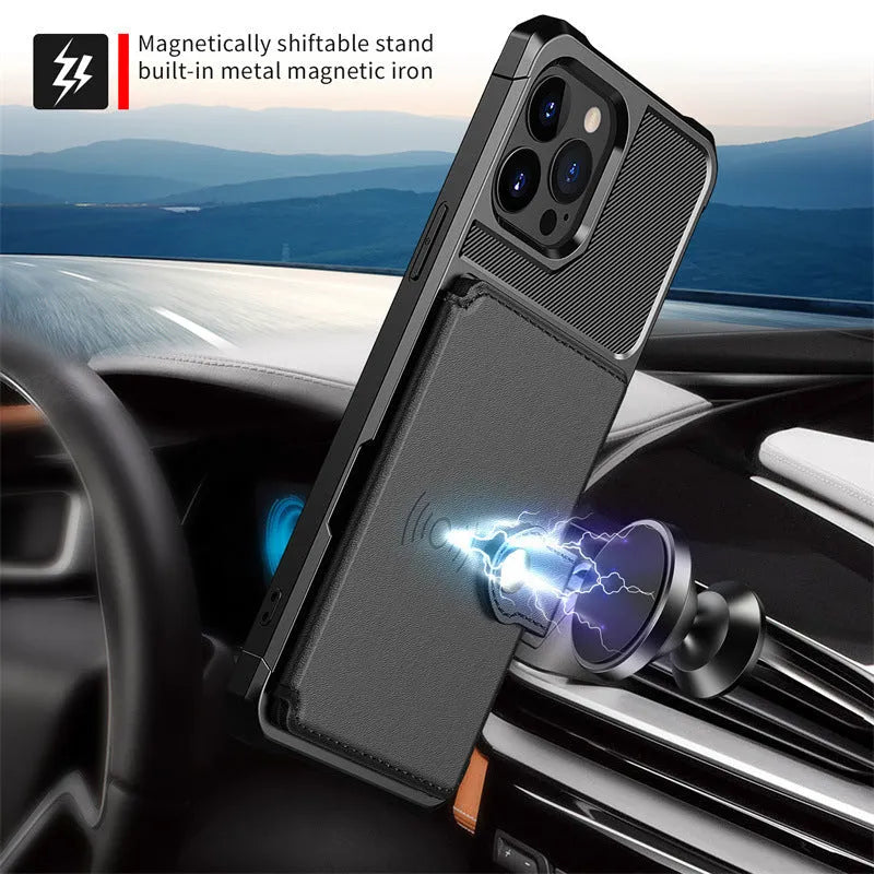Car magnetic card cover phone case drop-resistant TPU back cover for iPhone 15 Pro black