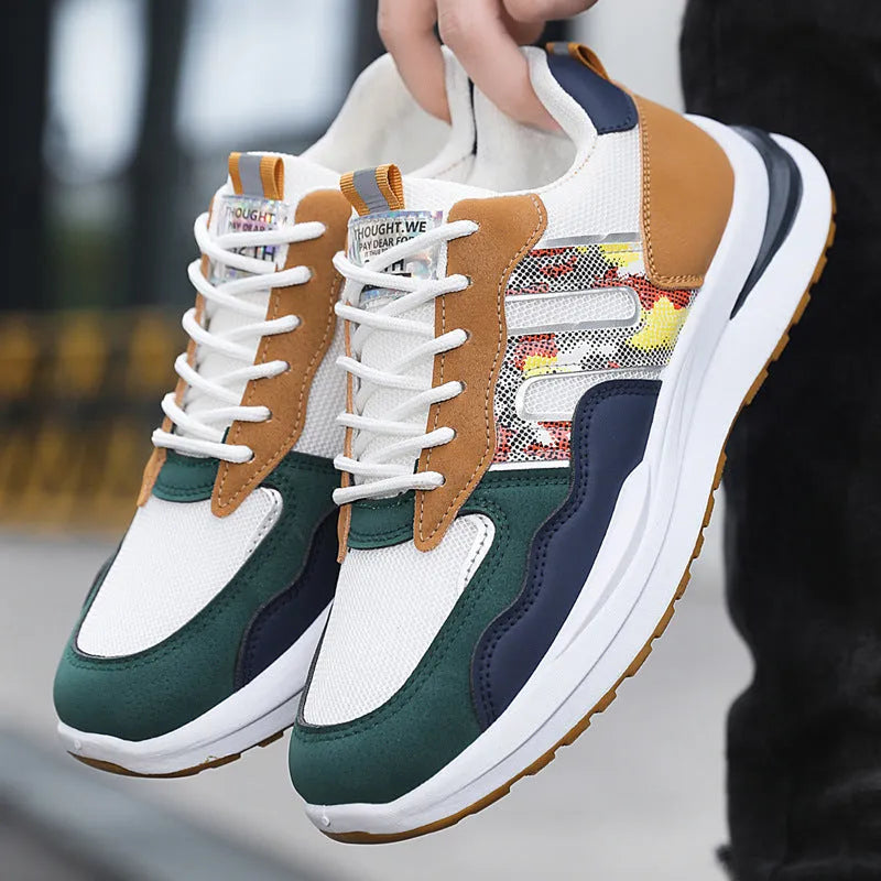 Men's mesh and leather sports casual shoes in white green, available in plus sizes up to 45.