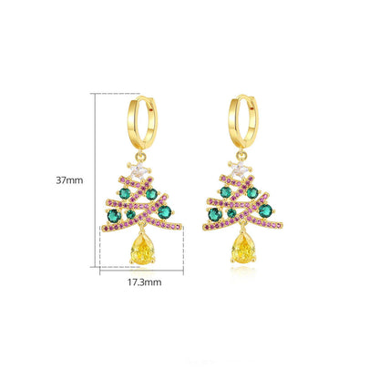 Elegant Christmas tree earrings with colorful rhinestones, a festive fashion accessory for women