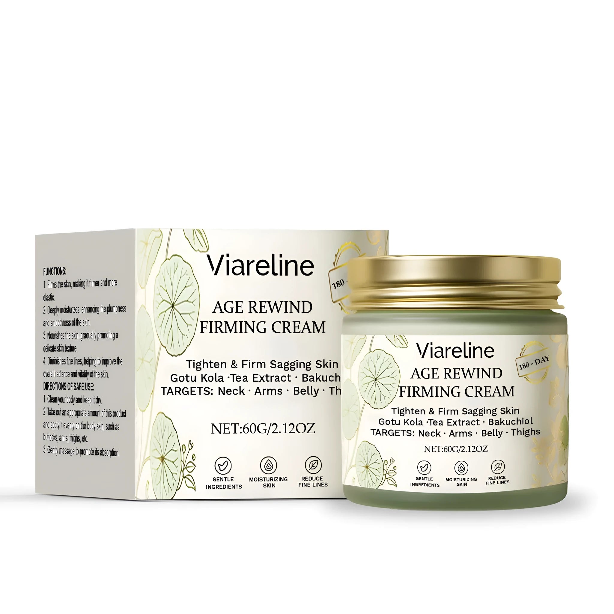 Age Rewind Firming Cream 60g jar with botanical extracts including centella asiatica, aloe vera, and tea for face moisturisation