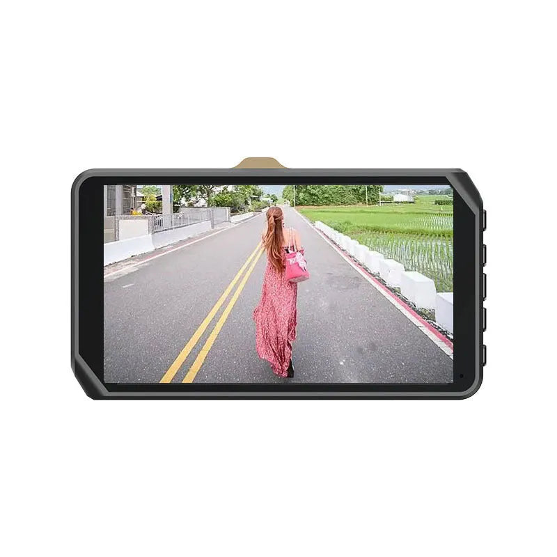 Black 4-inch touch screen dual lens car dashcam mounted on a windscreen
