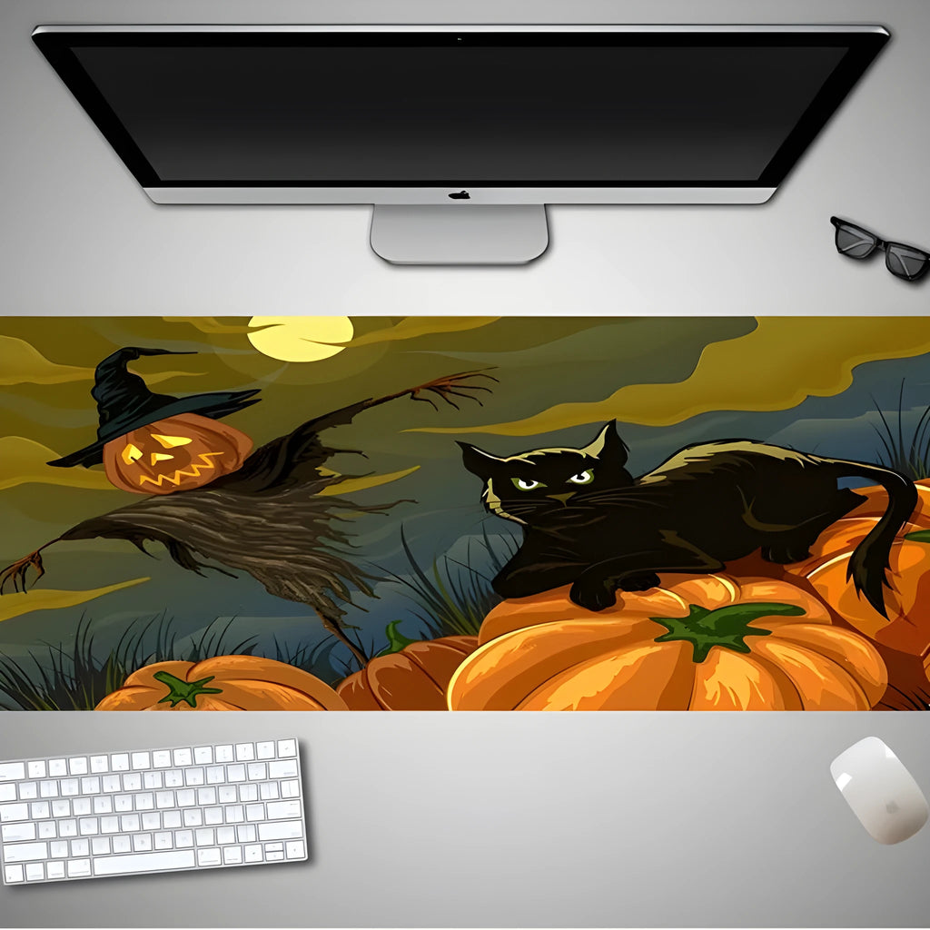Oversized Halloween themed gaming mouse pad with non-slip rubber cloth base on a desk