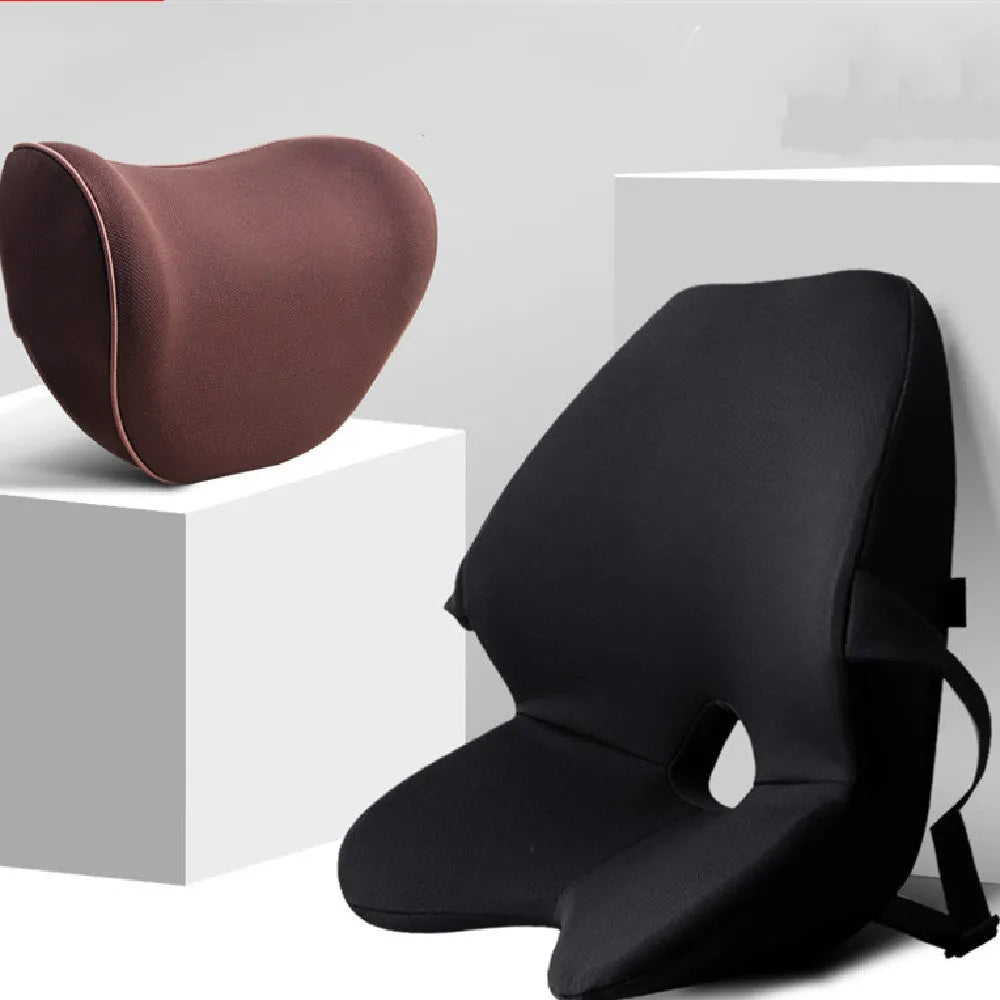 Car seat waist pad with memory cotton fill in beige, shown alongside a matching headrest.