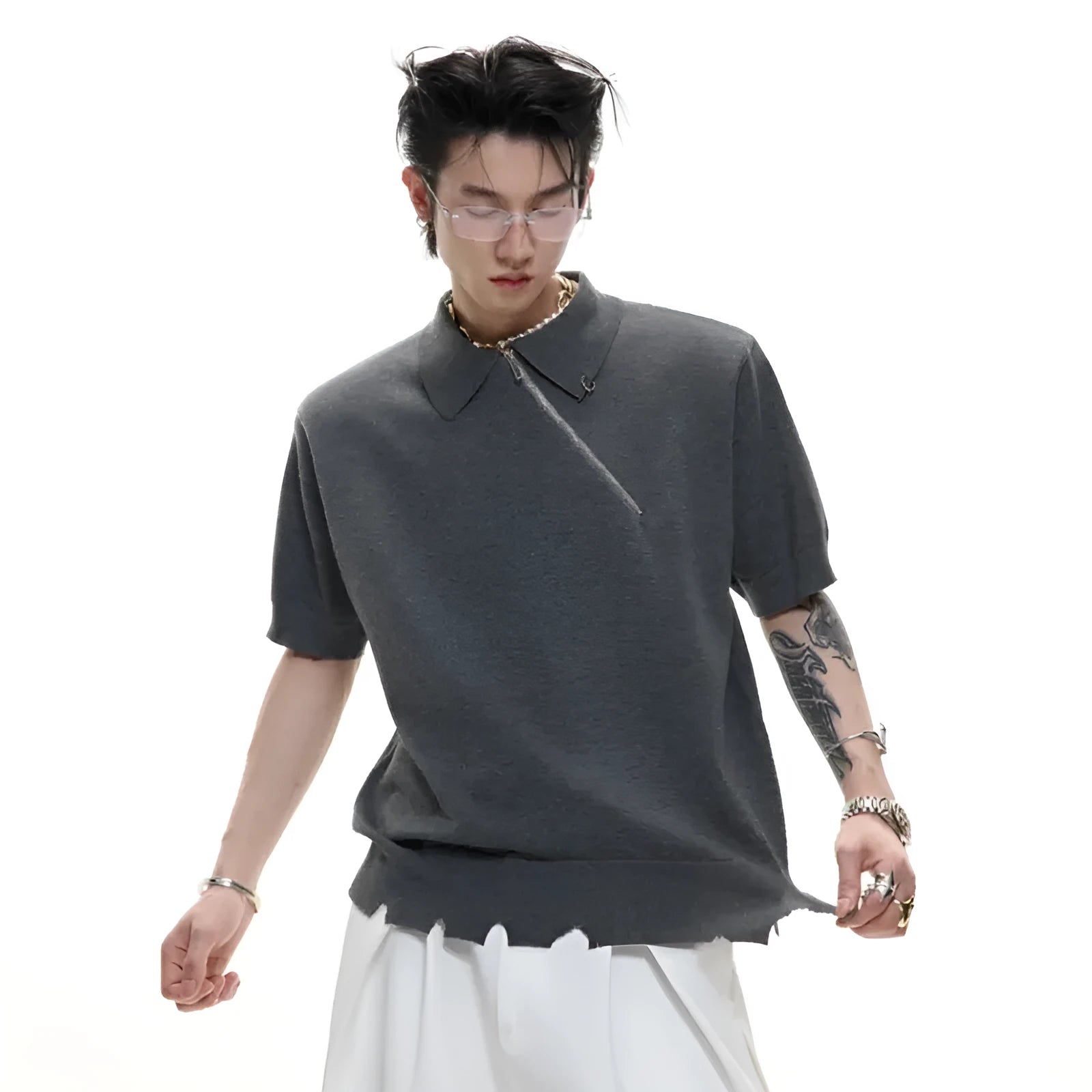 Men's slim-fit knitted polo shirt with oblique zipper lapel collar in solid colour