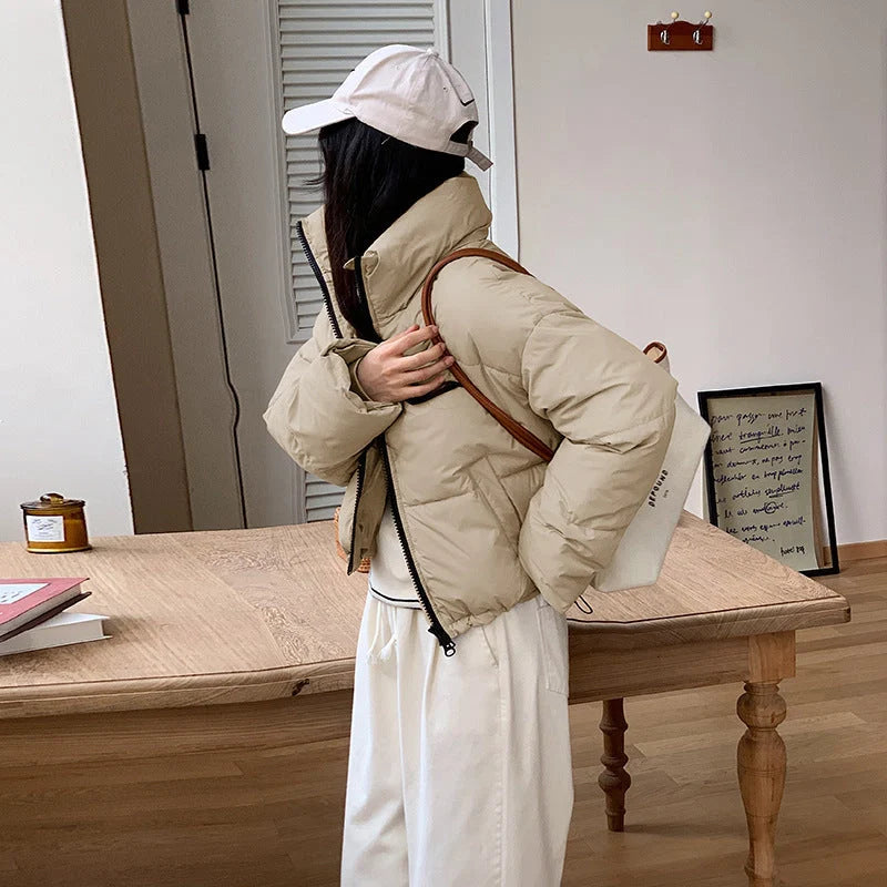 Stand collar short cotton-padded coat for women in slim fit design, available in four colours