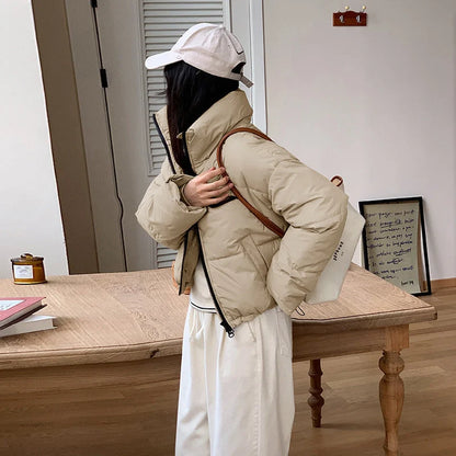 Stand collar short cotton-padded coat for women in slim fit design, available in four colours