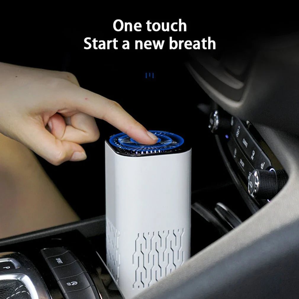 Compact car air purifier with negative ion technology for removing dust, pollen, pet dander, and smoke from vehicle's interior