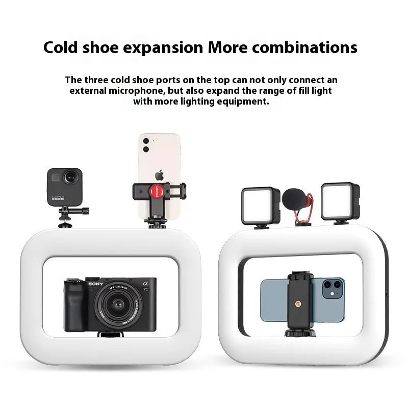 Mobile phone fill-in light kit with rechargeable lamp, desktop bracket, and phone holder for live broadcasting