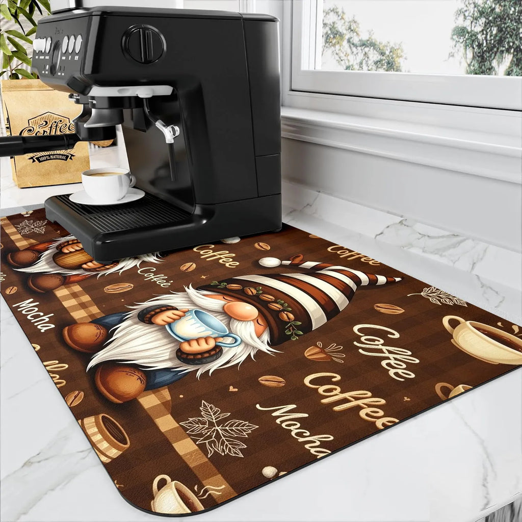 Square PVC draining pad for coffee maker with letter coffee theme print on kitchen countertop
