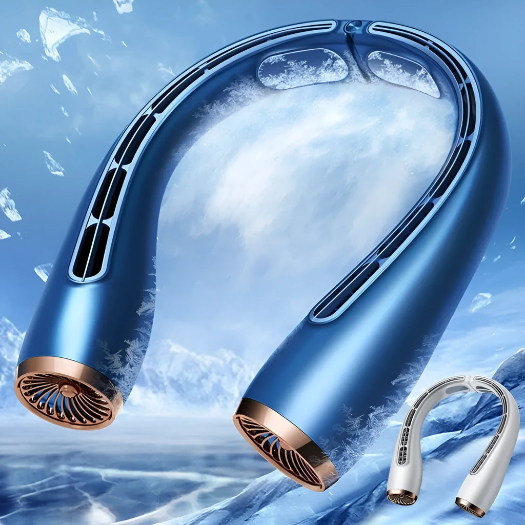 Portable bladeless neck fan with refrigeration cooling sheets, 190g, blue 4000mAh option, front view