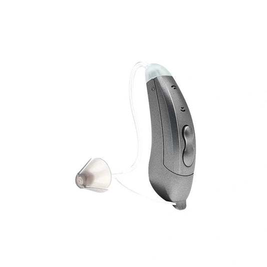 Digital sound amplifier with stealth ear back design in champagne, pearl grey, and graphite grey colour options