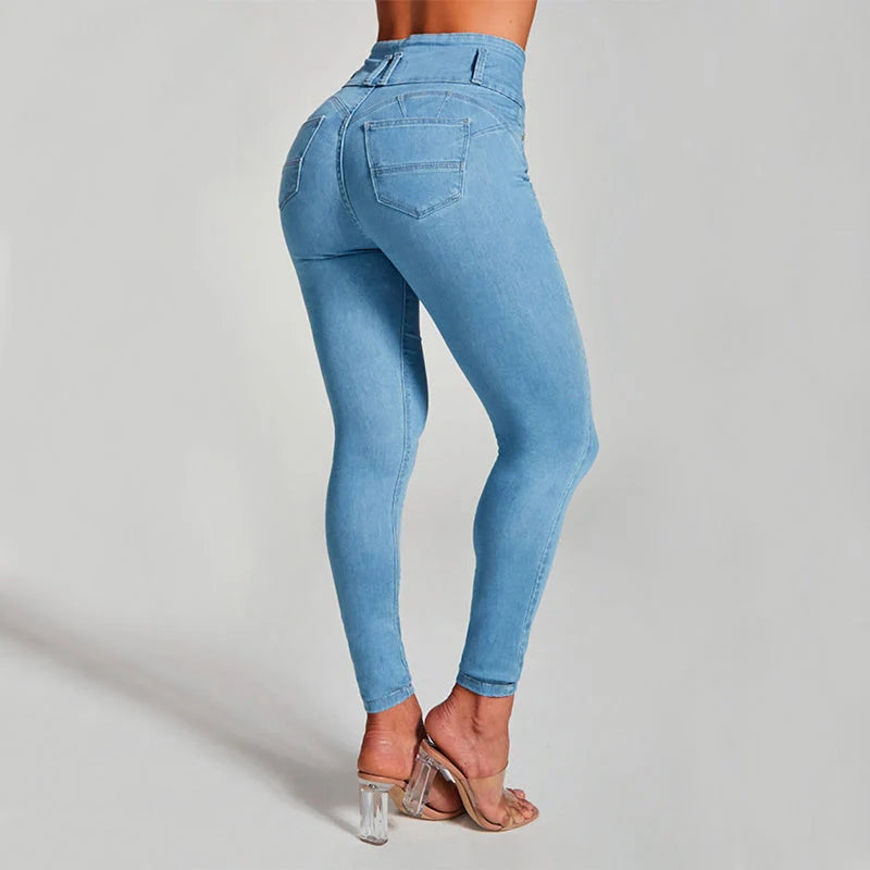 Women's high waist skinny jeans in dark blue and light blue with stretch and shaping features