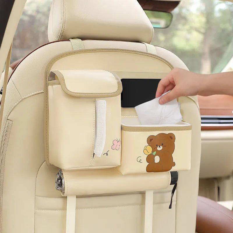 Multifunctional hanging leather car storage bag with cute cartoon design in classic black colour