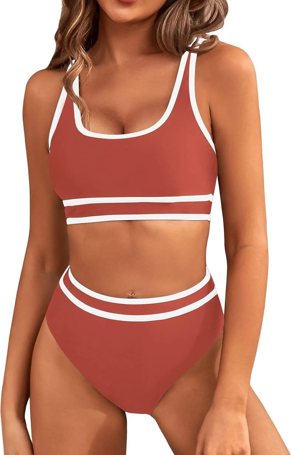 Women's tight-fitting solid colour bikini swimsuit with 15% spandex lining, available in multiple vibrant colours