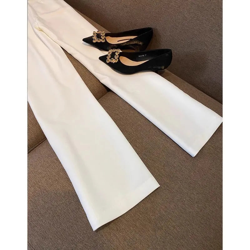 Women's white two-piece suit set with top and pants, polyester fabric, conventional sleeves, available sizes S to 3XL