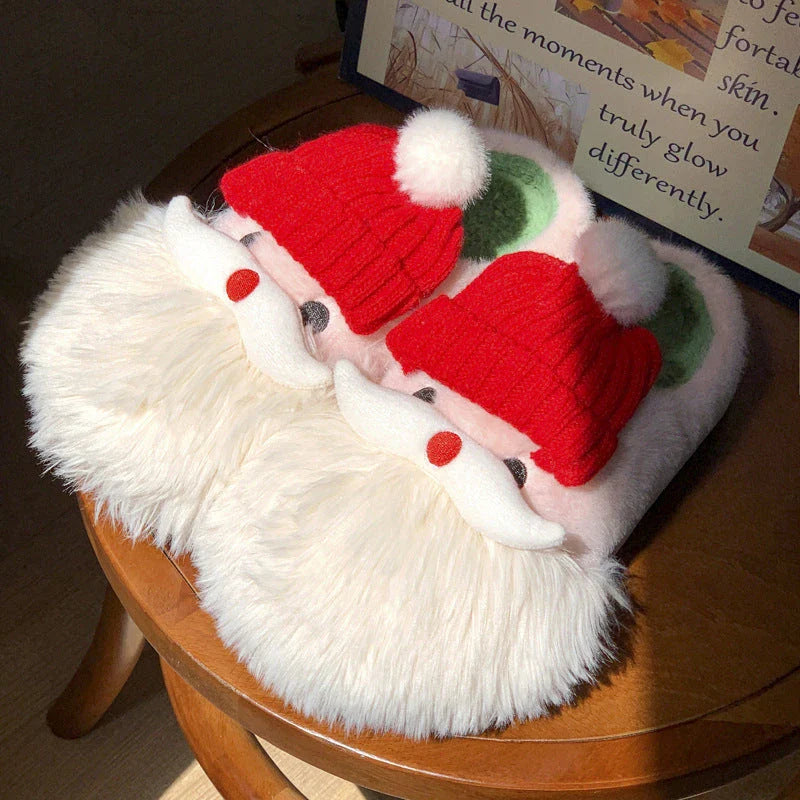 Cozy Christmas Santa Claus Slippers for Women - Soft Plush Material, Non-Slip Soles, and Festive Holiday Design