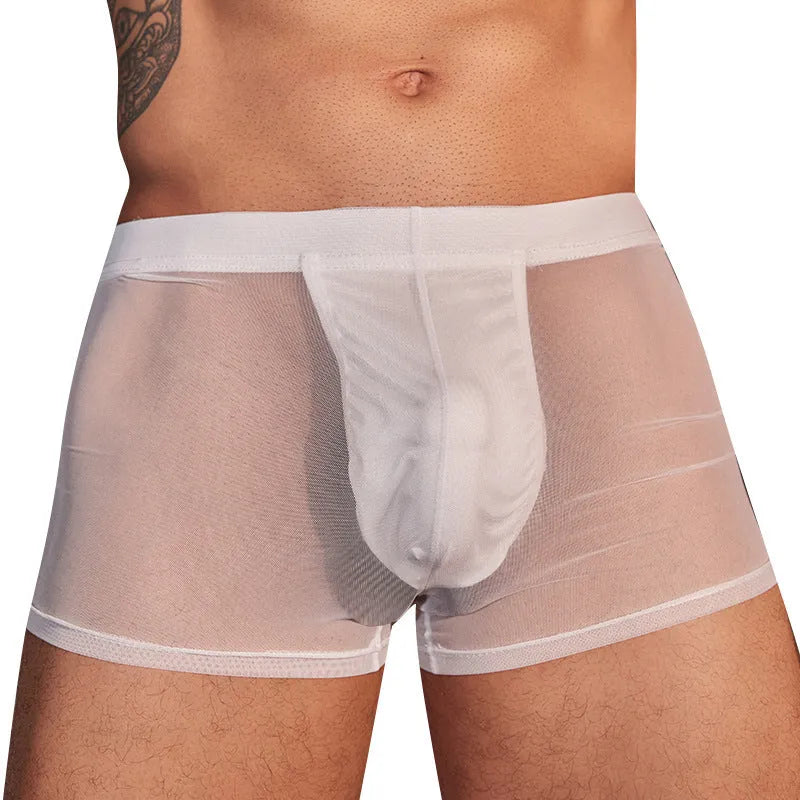 A pair of men's breathable nylon boxer briefs in black, laid flat on a white background.