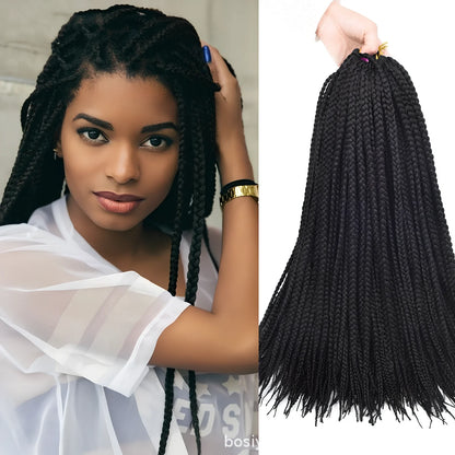 Crochet Senegal box braids extensions in 18 inch 1B colour, three silk braids per piece for easy hair installation