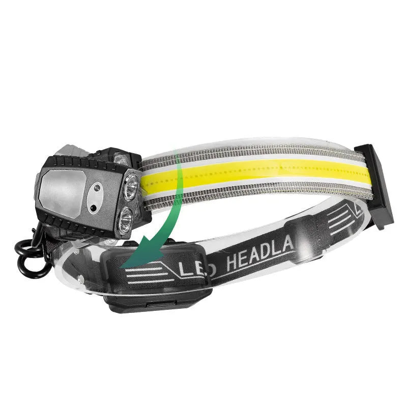 Black multifunctional headlamp with gesture control for outdoor and emergency use