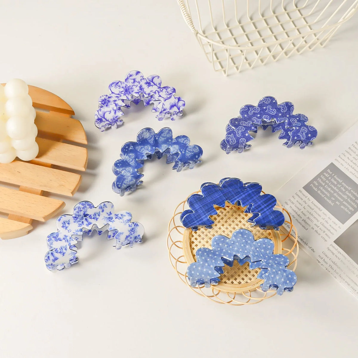 New Wave Grip Blue Series PVC barrette women's natural asymmetric back head hair clip in plaids pattern